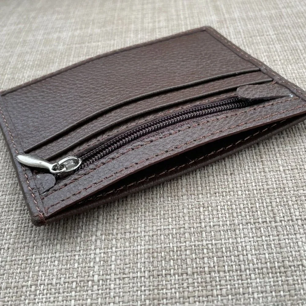 Card Holder Brown Genuine Leather Mini Wallet Zip Handmade Coin Purse New
